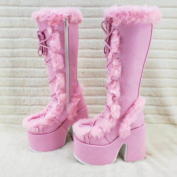 Camel 311 Baby Pink Furry Goth Punk Platform Knee Boots - Picture 7 of 10